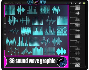 May include: A digital tablet displays 36 sound wave graphics in various styles and patterns, rendered in shades of cyan against a dark background. The text "36 sound wave graphic" is at the bottom. The tablet's interface includes icons and a sidebar.