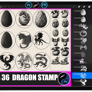 May include: A digital art tablet displays a collection of dragon-themed stamps. The stamps feature various dragon designs, including eggs, dragons with wings, and dragon silhouettes. The text "36 DRAGON STAMP" is visible at the bottom of the screen.