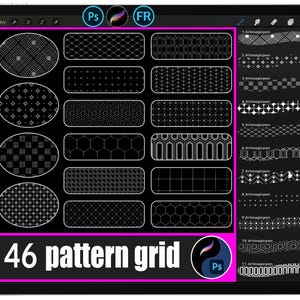 Könnte beinhalten: Eine digitale Kunstpräsentation mit schwarzem Hintergrund und verschiedenen weißen geometrischen Mustern. Das Bild enthält den Text "46 pattern grid" und die Symbole "Ps" und "FR". Die Muster sind in rechteckigen und ovalen Formen angeordnet.