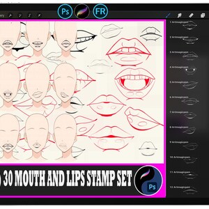 May include: Digital art tablet displaying a collection of mouth and lip stamp designs. The image includes sketches of various lip shapes and facial expressions, with the text "30 MOUTH AND LIPS STAMP SET" at the bottom. The tablet interface shows drawing tools.