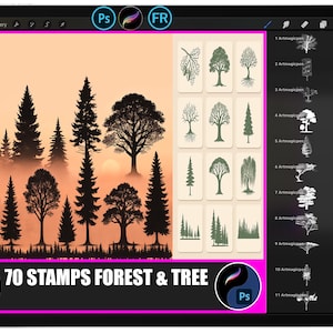 Puede incluir: Una tableta de arte digital muestra sellos de bosques y árboles. La pantalla muestra una silueta de bosque contra un atardecer, con 70 sellos e ilustraciones de árboles. El texto "70 STAMPS FOREST & TREE" es visible.