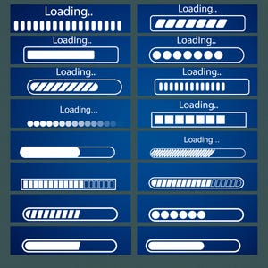 May include: A collection of white and blue loading bar graphics. Each graphic is a different design, including bars, circles, and segmented lines, all set against a dark blue background. The word "Loading.." is above each graphic.