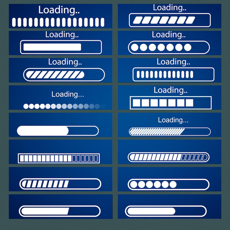 May include: A collection of white and blue loading bar graphics. Each graphic is a different design, including bars, circles, and segmented lines, all set against a dark blue background. The word "Loading.." is above each graphic.