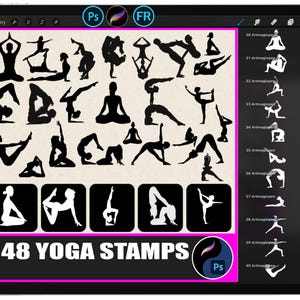 May include: A digital tablet displays a collection of 48 yoga stamps in black silhouette. The poses include various asanas, with the text "48 YOGA STAMPS" in a pink and white banner at the bottom. The tablet's interface is visible.