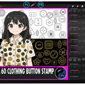 May include: Digital illustration of a young woman wearing a button-down shirt with various button designs. The image includes a collection of button stamps and the text "60 CLOTHING BUTTON STAMP". The background is a digital tablet interface.