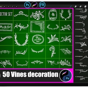 Puede incluir: Ilustración digital de un conjunto vectorial de 50 decoraciones de vides, mostradas en una cuadrícula verde. Los diseños son blancos e incluyen elementos florales, marcos y adornos decorativos. El texto "50 Vines decoration" está en la parte inferior.