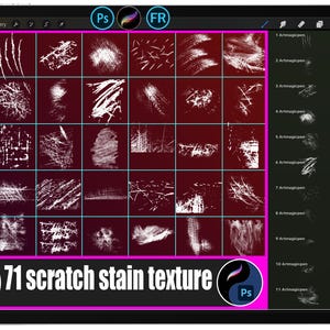 May include: A digital art display on a tablet showcasing 71 scratch and stain textures in white against a dark red background. The text "71 scratch stain texture" is displayed at the bottom, with "Ps" and "FR" icons.