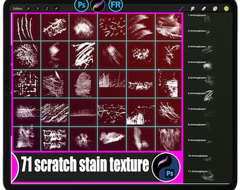 May include: A digital art display on a tablet showcasing 71 scratch and stain textures in white against a dark red background. The text "71 scratch stain texture" is displayed at the bottom, with "Ps" and "FR" icons.