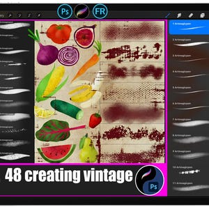 May include: A digital art tablet shows a selection of brushes and vintage textures. The screen features colourful illustrations of fruits and vegetables, such as a tomato, fig, and watermelon. Text on the screen reads "48 creating vintage."