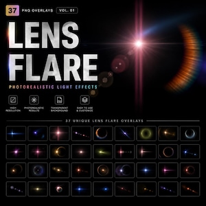 Może przedstawiać: Cyfrowa kolekcja 37 nakładek PNG z fotorealistycznymi efektami świetlnymi. Grafika zawiera tekst LENS FLARE, 37 PNG OVERLAYS VOL. 01 oraz różne wzory świetlne, w tym rozbłyski gwiazd, świecące pierścienie i smugi światła.