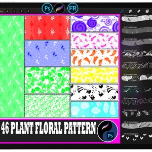 May include: A digital tablet showcases 46 plant and floral patterns in diverse colours. The patterns feature leaves, flowers, and abstract designs. The tablet also displays digital art brushes. The text "46 PLANT FLORAL PATTERN" is visible.
