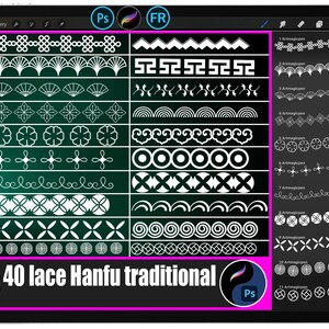 May include: A digital tablet screen displays 40 lace Hanfu traditional designs in white on a dark green background. The designs include various patterns like fans, flowers, and geometric shapes. The text "40 lace Hanfu traditional" is visible.