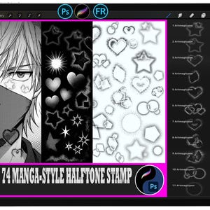 May include: A digital art tablet displays manga-style halftone stamps. The screen shows a manga character, various star and heart shapes, and geometric designs. The text "74 MANGA-STYLE HALFTONE STAMP" is visible at the bottom of the screen.