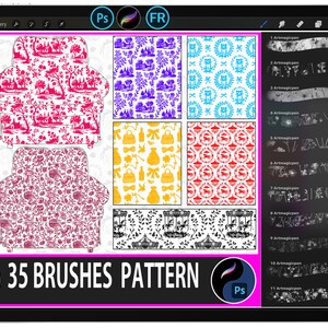 May include: A digital art tablet displays a collection of 35 brushes and patterns. The patterns include floral, toile, and whimsical designs in various colors. The text "35 BRUSHES PATTERN" is displayed at the bottom of the screen.