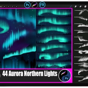 May include: A digital art display on a tablet showcasing 44 Aurora Northern Lights illustrations. The artwork features vibrant teal, purple, and blue hues, depicting the natural light display. The tablet also displays various art pen options.