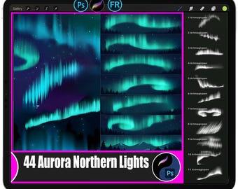 May include: A digital art display on a tablet showcasing 44 Aurora Northern Lights illustrations. The artwork features vibrant teal, purple, and blue hues, depicting the natural light display. The tablet also displays various art pen options.