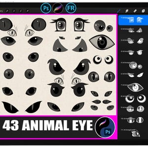 Könnte beinhalten: Digitales Kunstwerk mit 43 stilisierten Tieraugen-Designs in Schwarz und Weiß. Die Augen variieren in Form und Größe, einige haben Glanzlichter. Der Text "43 ANIMAL EYE" wird am unteren Rand des Bildes angezeigt.