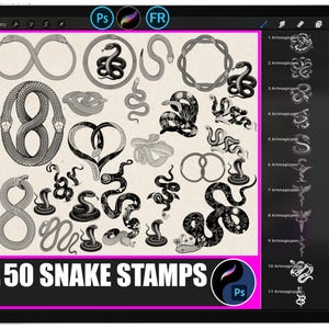 May include: A digital art collection of 50 snake stamps, shown on a tablet. The grayscale illustrations depict snakes in diverse poses. The text "50 SNAKE STAMPS" is prominently displayed, indicating the quantity of digital art assets.