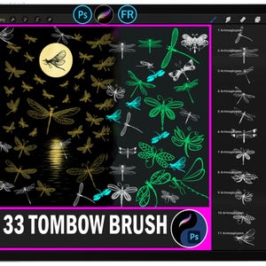 Può includere: Schermo di tablet con pennelli per arte digitale. L'immagine presenta illustrazioni di libellule in oro, bianco e verde. Il testo sullo schermo recita "33 TOMBOW BRUSH" e "Artmagicpen". Lo sfondo è nero.