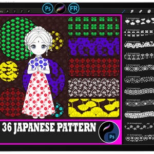 Pode incluir: Ilustração de arte digital em uma tela de tablet mostrando 36 padrões japoneses. Os padrões incluem desenhos florais e geométricos em várias cores. Um personagem de desenho animado com um vestido tradicional está no centro. O texto "36 JAPANESE PATTERN" está na parte inferior.