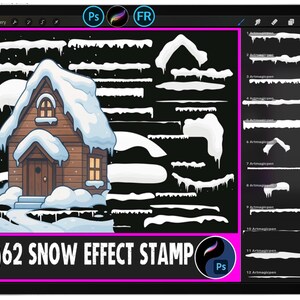 May include: Digital art set on a tablet showing a cartoon cabin covered in snow, alongside various snow effect stamps. The text "62 SNOW EFFECT STAMP" is displayed. The tablet's interface includes drawing tools and the letters "Ps" and "FR".