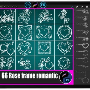 May include: A digital art display on a tablet shows 20 white rose and heart frame designs on a teal background. The text "66 Rose frame romantic" is displayed in white with a pink border.