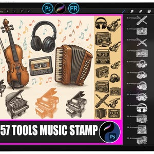 May include: Digital illustration of musical instruments and audio equipment, including a violin, headphones, accordion, piano, and cassette tape. The image includes the text "57 TOOLS MUSIC STAMP".