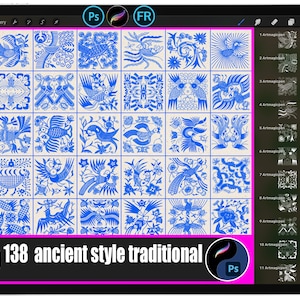 Könnte beinhalten: Ein digitaler Tablet-Bildschirm zeigt ein Raster von blau-weißen Vogelillustrationen im traditionellen Stil. Der Text "138 ancient style traditional" ist unten sichtbar. Die Tablet-Oberfläche umfasst App-Symbole und einen pinkfarbenen Rahmen.