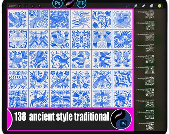 Könnte beinhalten: Ein digitaler Tablet-Bildschirm zeigt ein Raster von blau-weißen Vogelillustrationen im traditionellen Stil. Der Text "138 ancient style traditional" ist unten sichtbar. Die Tablet-Oberfläche umfasst App-Symbole und einen pinkfarbenen Rahmen.