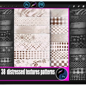 May include: A digital tablet displays 38 distressed texture patterns in shades of brown and white. The patterns include stripes, dots, and floral designs. The text "38 distressed textures patterns" is visible at the bottom of the screen.