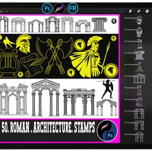 May include: A digital art display featuring a collection of Roman architecture stamps. The stamps include various archways, columns, and illustrations of Roman figures and symbols in black and yellow. The text "50. ROMAN. ARCHITECTURE. STAMPS" is displayed.