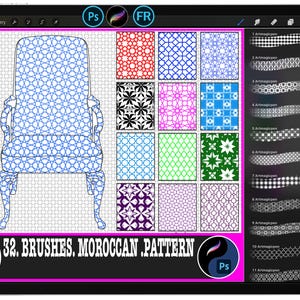 Könnte beinhalten: Digitales Kunstwerk auf einem Tablet mit einem blau gemusterten Sessel und verschiedenen marokkanischen Mustern. Der Text lautet "32. BRUSHES. MOROCCAN.PATTERN" mit dem Photoshop-Logo.