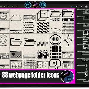 May include: A digital illustration of 88 webpage folder icons in a retro pixel art style. The icons are black and white, featuring various designs like clouds, folders, and a smiley face. The text "88 webpage folder icons" is displayed at the bottom.