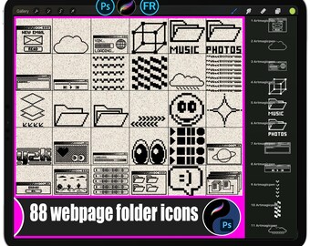 Op de afbeelding: Een digitale illustratie van 88 webpagina-mapiconen in een retro pixel art-stijl. De iconen zijn zwart-wit en bevatten verschillende ontwerpen zoals wolken, mappen en een smiley. De tekst "88 webpage folder icons" staat onderaan.