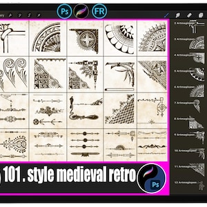 May include: A digital art display on a tablet featuring 101 medieval and retro style design elements. The designs are in black and white, including corners, borders, and decorative flourishes. The text "101. style medieval retro" is visible.