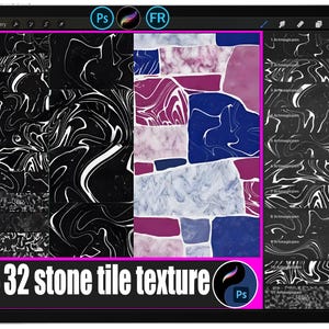 Pode incluir: Um tablet digital exibe 32 texturas de ladrilhos de pedra. As texturas incluem padrões de mármore em preto e branco e designs de ladrilhos de pedra coloridos em tons de azul, rosa e roxo. O texto "32 stone tile texture" é visível.