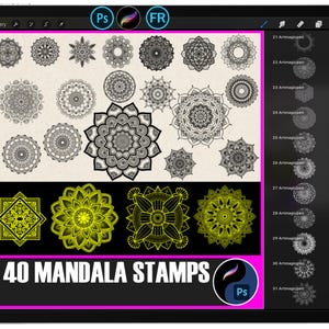 May include: A digital tablet screen displays a collection of 40 mandala stamps in black and yellow. The stamps feature intricate circular and geometric designs. The text "40 MANDALA STAMPS" is prominently displayed at the bottom of the screen.