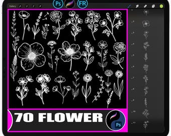 70 Flower Stamp Brushes | Line Art Procreate, Photoshop (abr/brushset ...