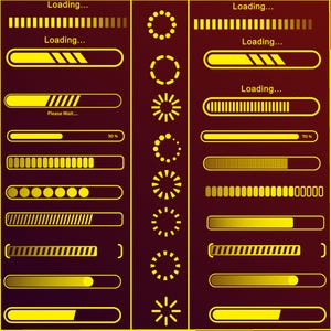 May include: A collection of yellow and gold loading bar graphics on a dark red background. The graphics include progress bars, circular loading animations, and text that reads "Loading..." and "Please Wait..." Some bars show percentages like 30% and 70%.