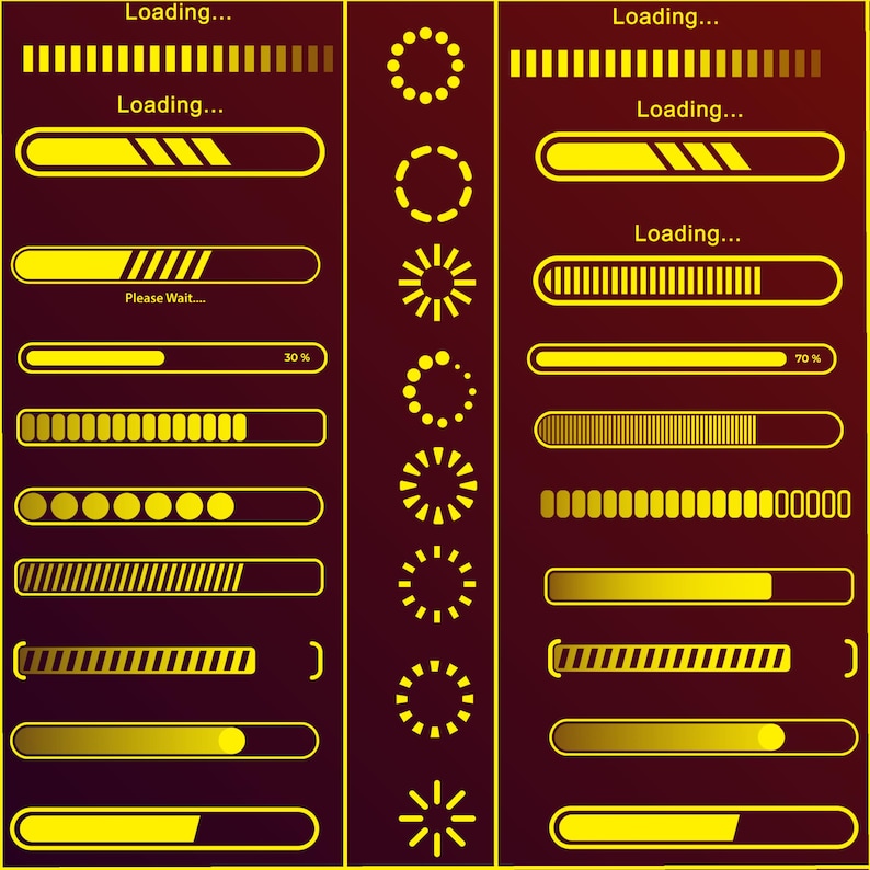 May include: A collection of yellow and gold loading bar graphics on a dark red background. The graphics include progress bars, circular loading animations, and text that reads "Loading..." and "Please Wait..." Some bars show percentages like 30% and 70%.