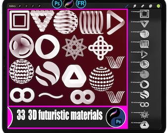 May include: A digital tablet displays a collection of 3D futuristic materials in white against a dark red background. The tablet screen features various geometric shapes and designs, with the text "33 3D futuristic materials" at the bottom.