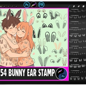 Puede incluir: Ilustración digital en una tableta que muestra una pareja con orejas de conejo, rodeada de diferentes diseños de orejas de conejo. Se muestra el texto "54 BUNNY EAR STAMP". La imagen tiene una paleta de colores suaves con tonos pastel.