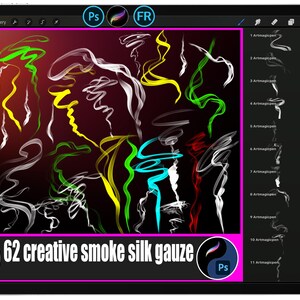 May include: Digital art on a tablet featuring 62 creative smoke silk gauze designs in various colors, including white, green, yellow, and blue. The tablet interface displays design options and the text "62 creative smoke silk gauze."