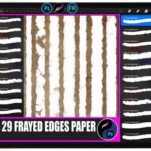 May include: A digital art display on a tablet shows a textured paper design with frayed edges. The image features vertical brown stripes against a white background, with the text "29 FRAYED EDGES PAPER" at the bottom.