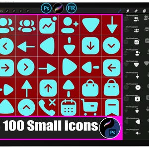 Könnte beinhalten: Ein digitaler Tablet-Bildschirm, der ein Raster von 100 kleinen, hellblauen Symbolen auf einem dunkelroten Hintergrund anzeigt. Die Symbole umfassen Pfeile, Benutzersymbole und einkaufsbezogene Grafiken. Der Text "100 Small icons" befindet sich unten.