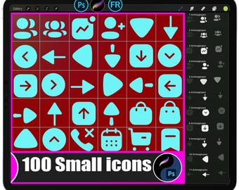 May include: A digital tablet screen displaying a grid of 100 small, light blue icons on a dark red background. The icons include arrows, user symbols, and shopping-related graphics. The text "100 Small icons" is at the bottom.