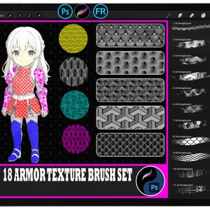 Puede incluir: Ilustración digital en una tableta que presenta un personaje de dibujos animados con armadura, con un atuendo rojo y rosa y botas azules. La imagen muestra varios pinceles de textura de armadura y el texto "18 ARMOR TEXTURE BRUSH SET".
