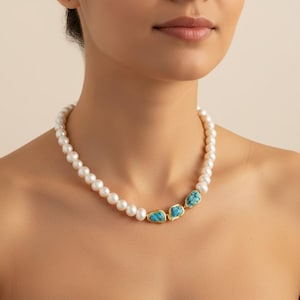 Shell Pearl Turquoise Necklace , Freshwater Pearl Necklace, Boho Pendant, Gift for Her
