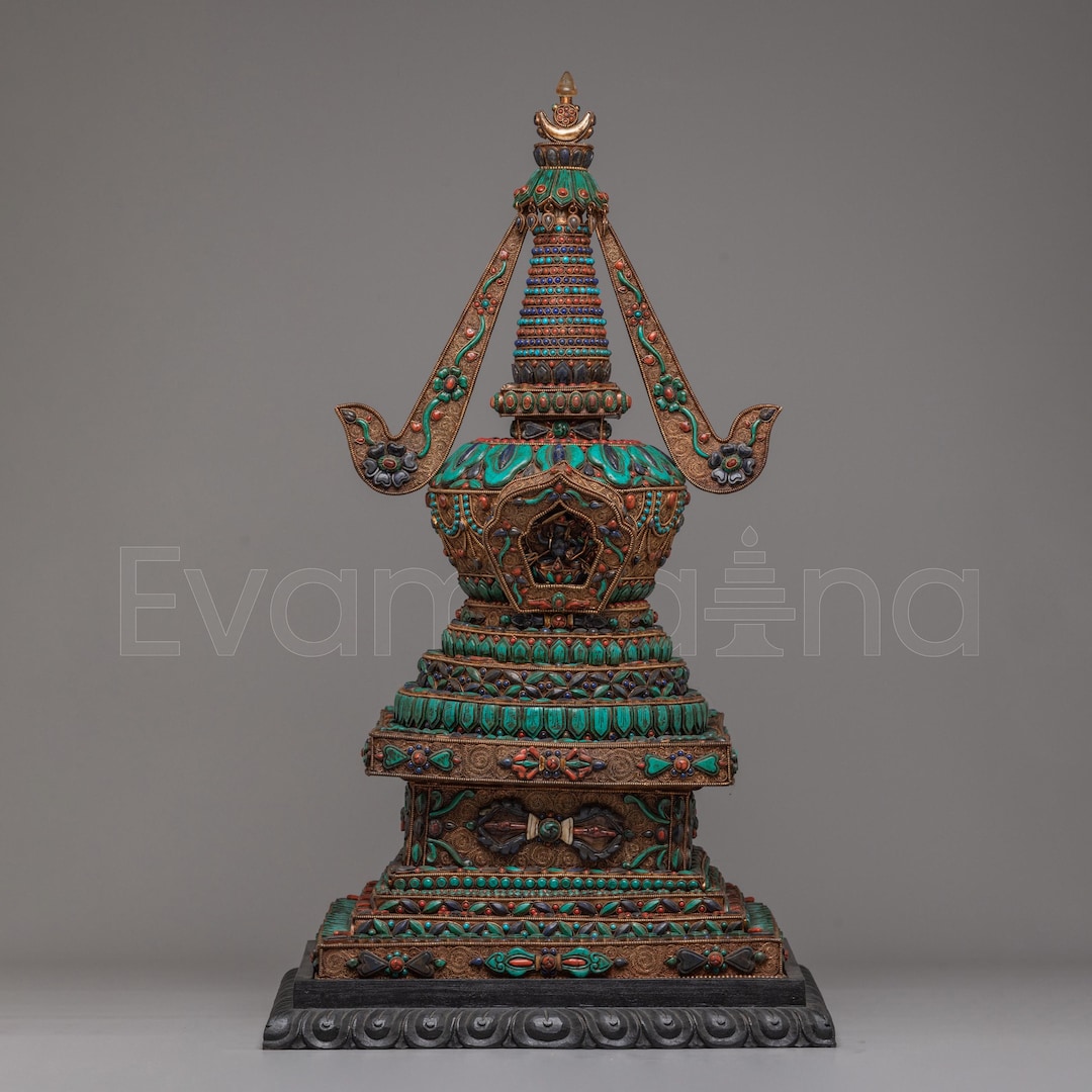 Sacred Tibetan Buddhist Stupa | Copper Gold Silver Plated Gemstone ...