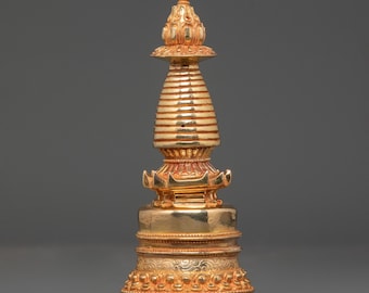 Mini Stupa for Altar | Gold Plated Copper Tibetan Chorten Statue – Handmade Himalayan Buddhist Stupa, Shrine Decor & Ritual Offering, Home